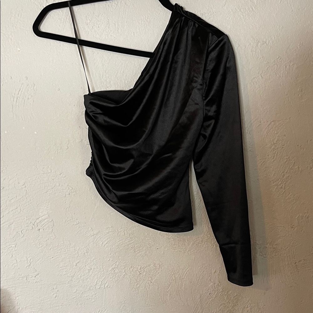 Express One-Shoulder Black Satin Top